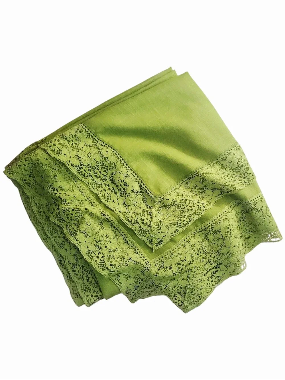 Vintage MCM Avacado Chartruese Green Lace Trimmed Rectangle Tablecloth 80